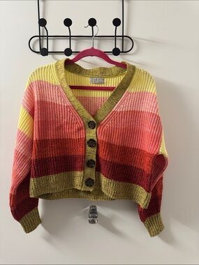 Urban Outfitters Striped V-Neck Button-Front Cropped Sweater - Multi-Color